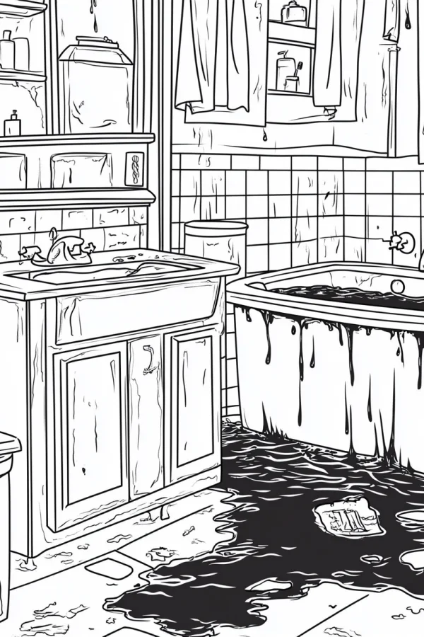 Horror flooded shabby bathroom, dark realistic style — free printable home scene coloring book page