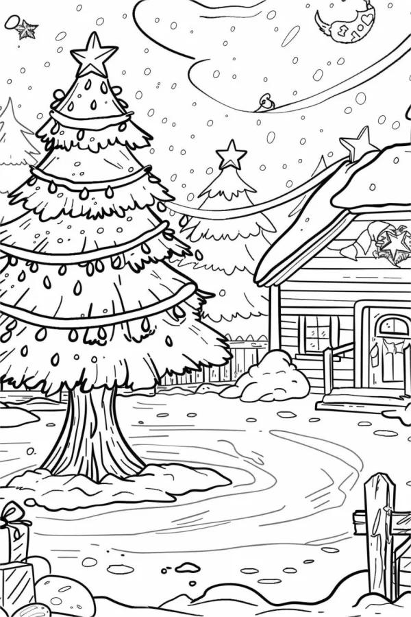 Christmas tree and cozy cabin in winter snow scene, cartoon style — free printable home coloring book page