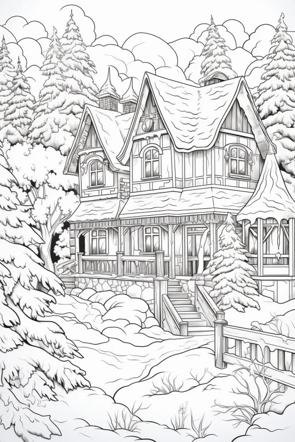 Countryside cottage in snowy winter landscape, realistic illustration style — free printable country cabin coloring book page