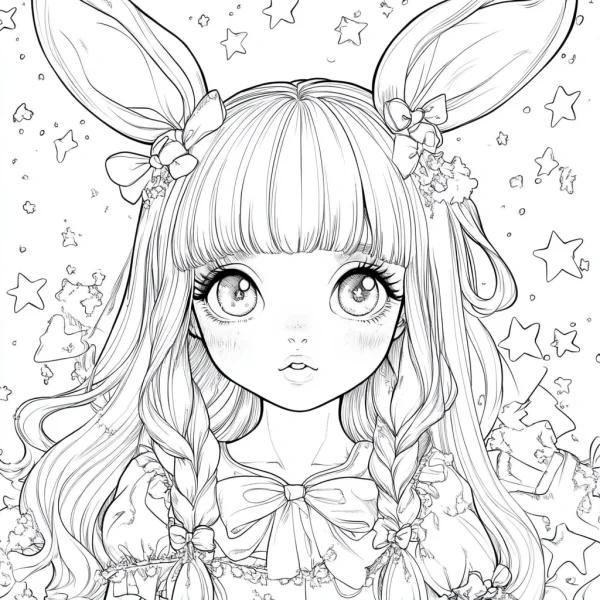 Cute bunny-eared girl with double braids, cartoon style — free printable girl coloring book page