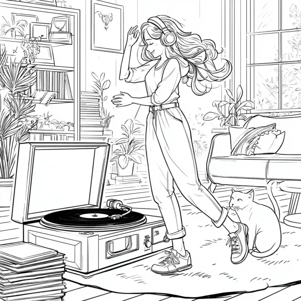 Girl dancing with headphones and cat in cozy living room, cartoon illustration style — free printable home coloring book page