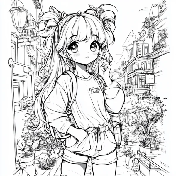 Twin-tailed urban girl, cartoon anime style — free printable city scenery coloring book page