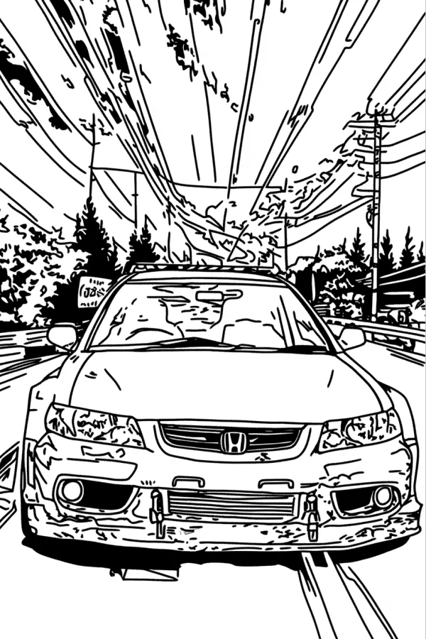 Modified honda race car on a road, realistic line art style — free printable racing coloring book page