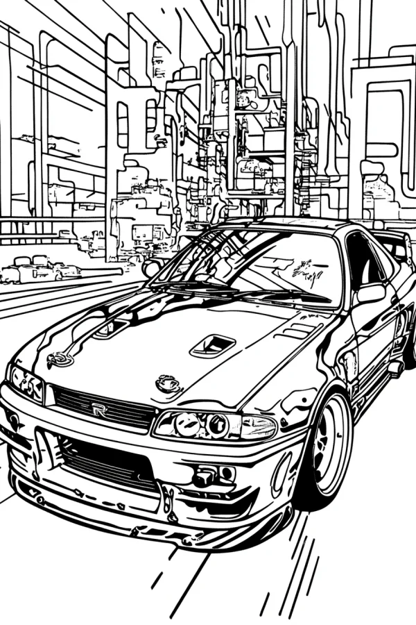 Modified sports car (bnr32), realistic line art style — free printable motorsport coloring book page