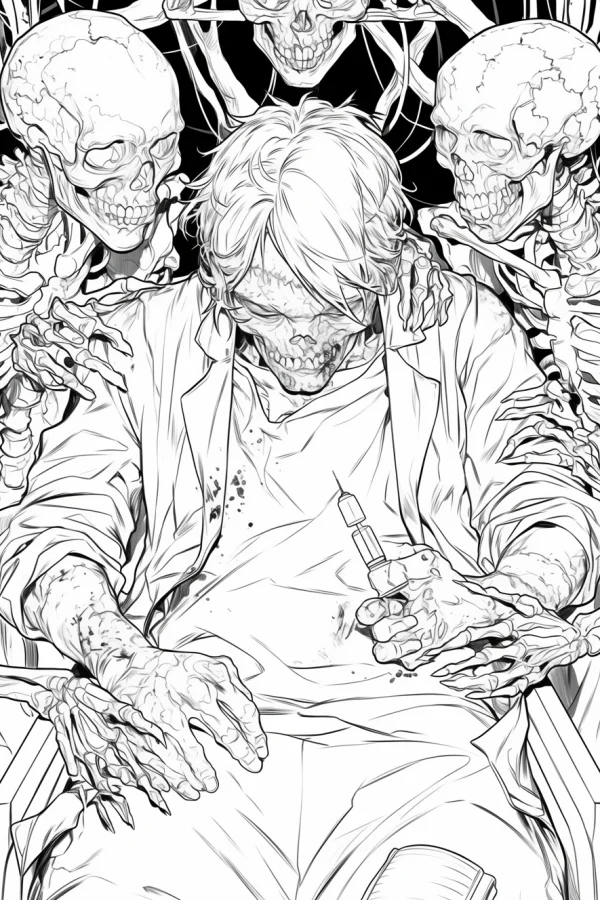 Zombie doctor surrounded by skeletons, dark comic style — free printable skeleton coloring book page