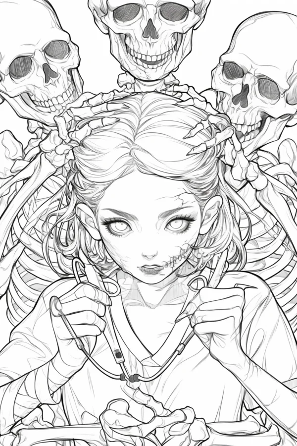 Nurse girl surrounded by skeletons and skulls, anime gothic style — free printable nurse coloring book page