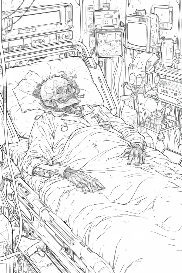 Skeleton lying in hospital bed, horror dark style — free printable medical scene coloring book page