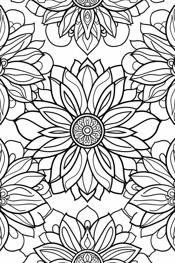 Mandala flower pattern, intricate symmetric repetitive floral designs — free printable mandala coloring book page