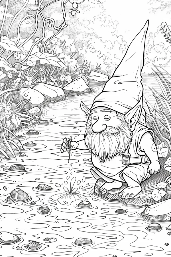 Garden gnome sitting by the river, fairy tale style — free printable outdoor coloring book page