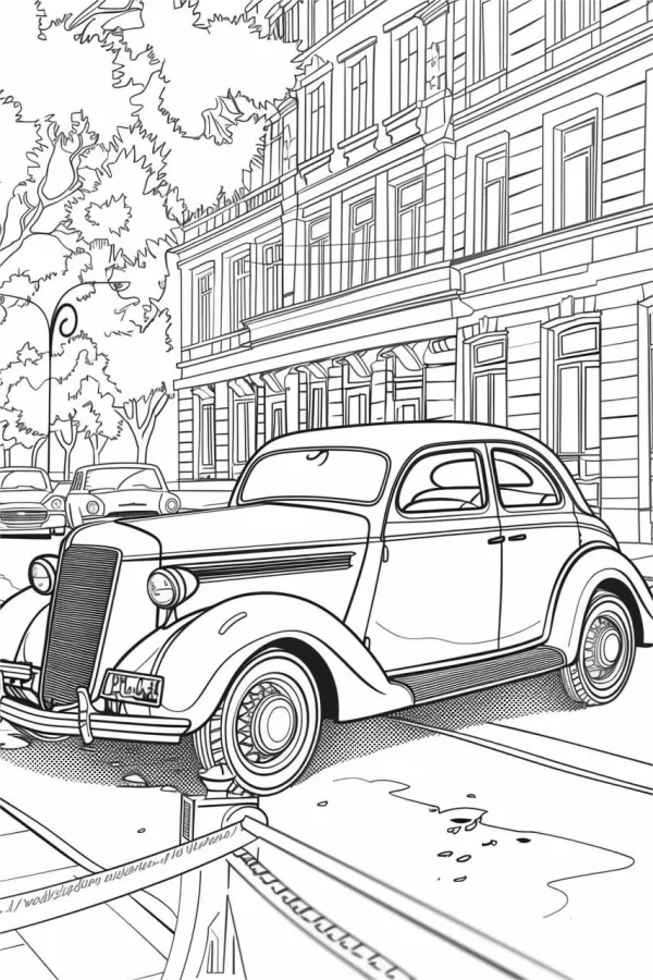 Vintage old car parked on city street, retro realistic style — free printable city street view coloring book page