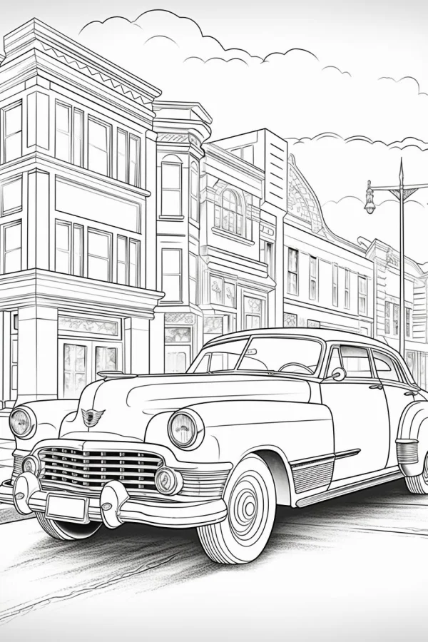 Vintage car on urban street with multi-story retro buildings, retro realistic style — free printable city street view coloring book page