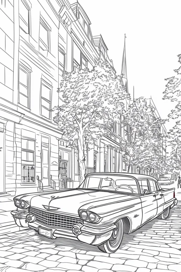 Vintage sedan parked on cobblestone city street, realistic retro style — free printable city life coloring book page