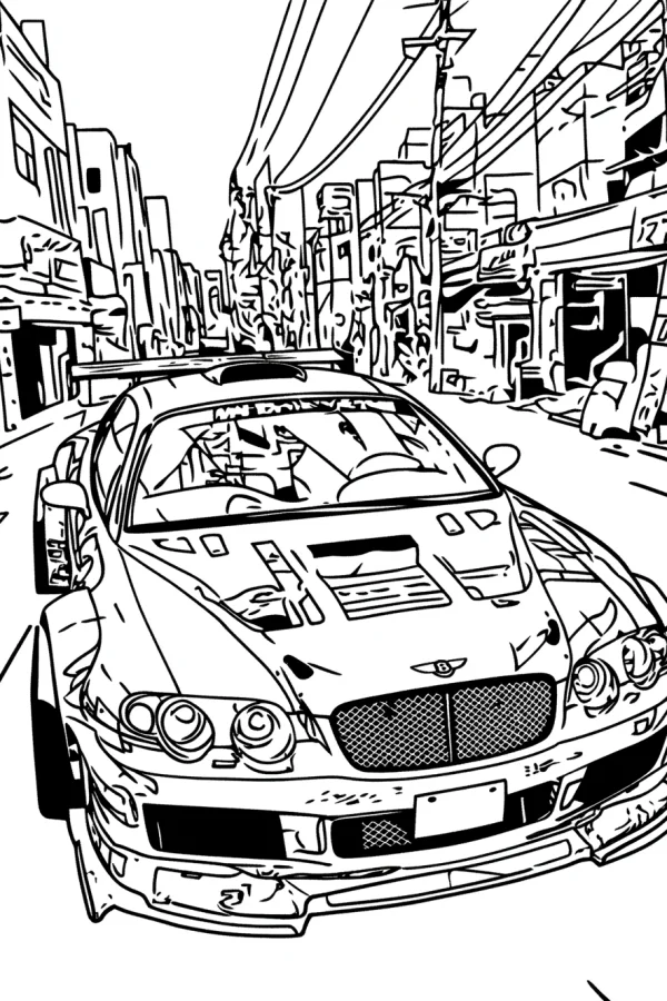 Modified sports car on urban street, cartoon hand-drawn style — free printable city street view coloring book page