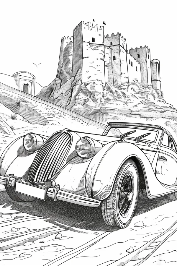 Vintage classic car in front of ancient castle on rocky mountain hill, retro realistic sketch style — free printable castle coloring book page