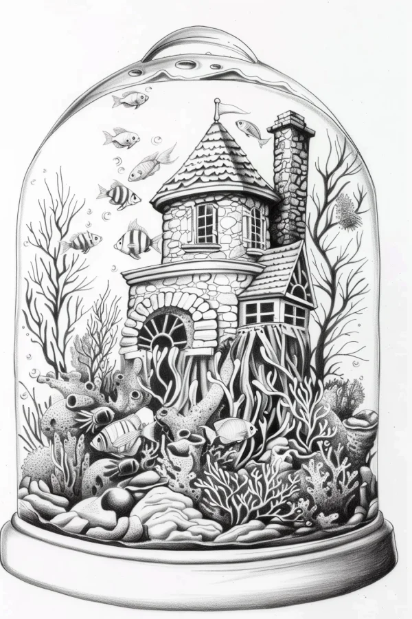 Stone cottage under the sea inside a glass dome, realistic line art style — free printable cabin coloring book page
