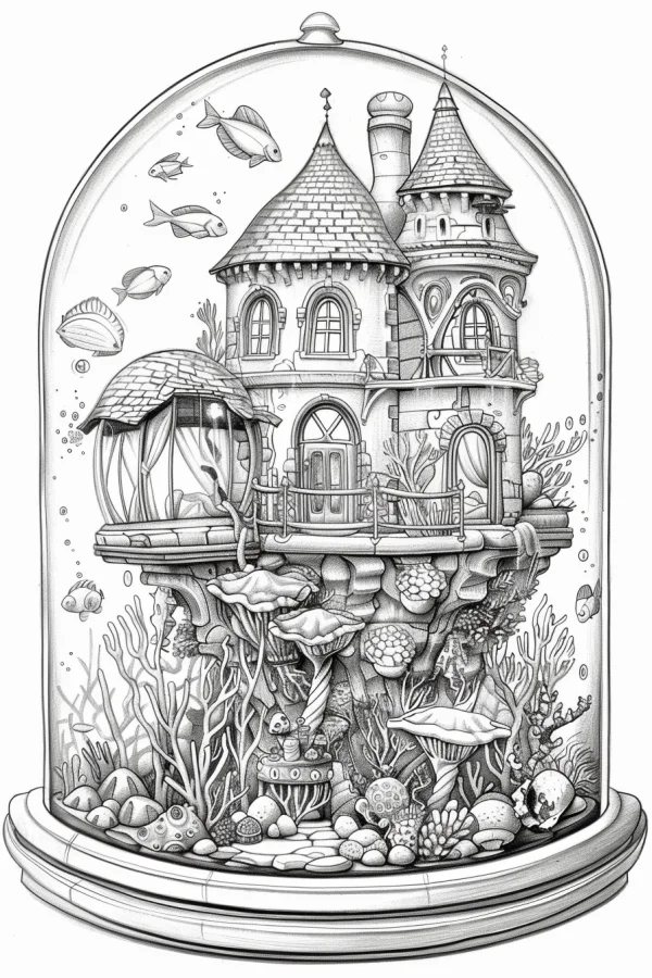 Fantasy underwater castle inside a glass dome, intricate line art with detailed architecture — free printable castle coloring book page