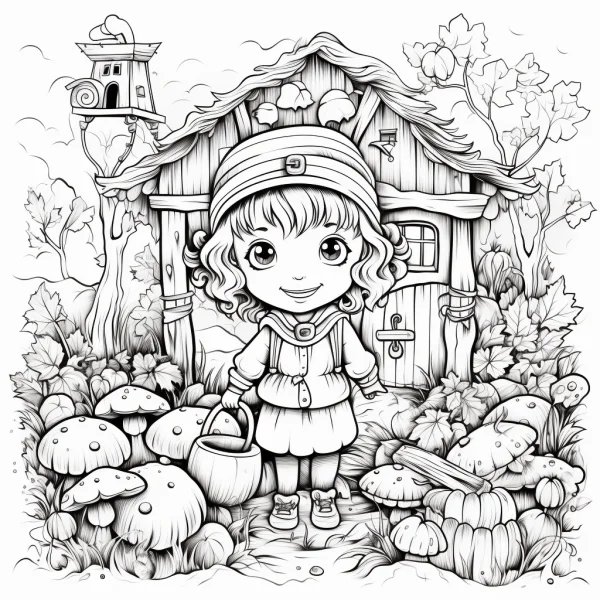 Cartoon little girl with a bucket, cartoon fairy tale style — free printable pastoral coloring book page