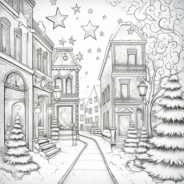 Christmas town street with cozy buildings and christmas trees, cartoon style — free printable town scene coloring book page