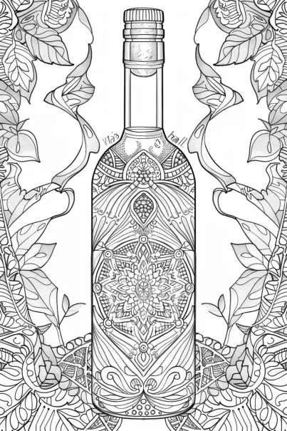 Mandala-decorated wine bottle, decorative art style — free printable handmade coloring book page
