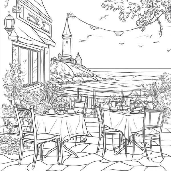 Seaside outdoor restaurant, realistic line art style — free printable leisure coloring book page