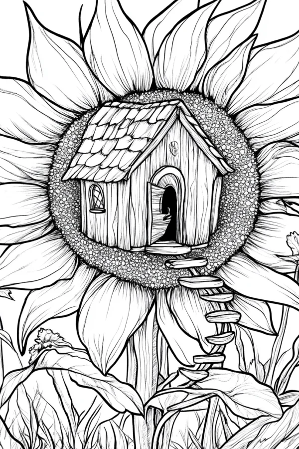 Sunflower cottage with wooden ladder, fairy tale cartoon style — free printable pastoral coloring book page