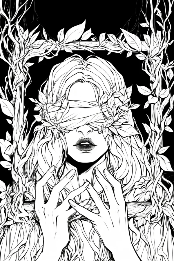 Blindfolded woman surrounded by vines and leaves, fantasy sketch style — free printable mystery coloring book page