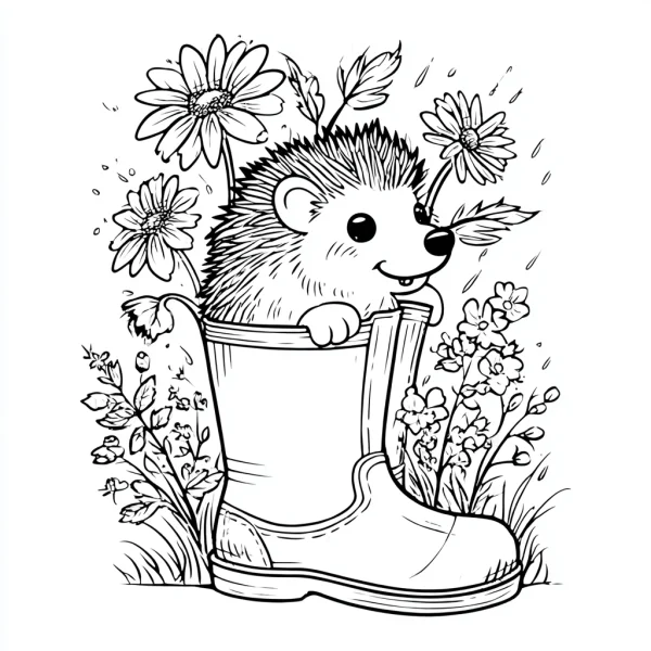 Coloring book page, cute hedgehog sitting inside a rain boot — free printable spring coloring book page