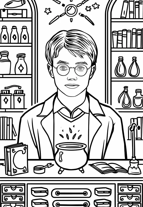 Harry potter with round glasses in potions lab, cartoon fantasy style — free printable campus coloring book page