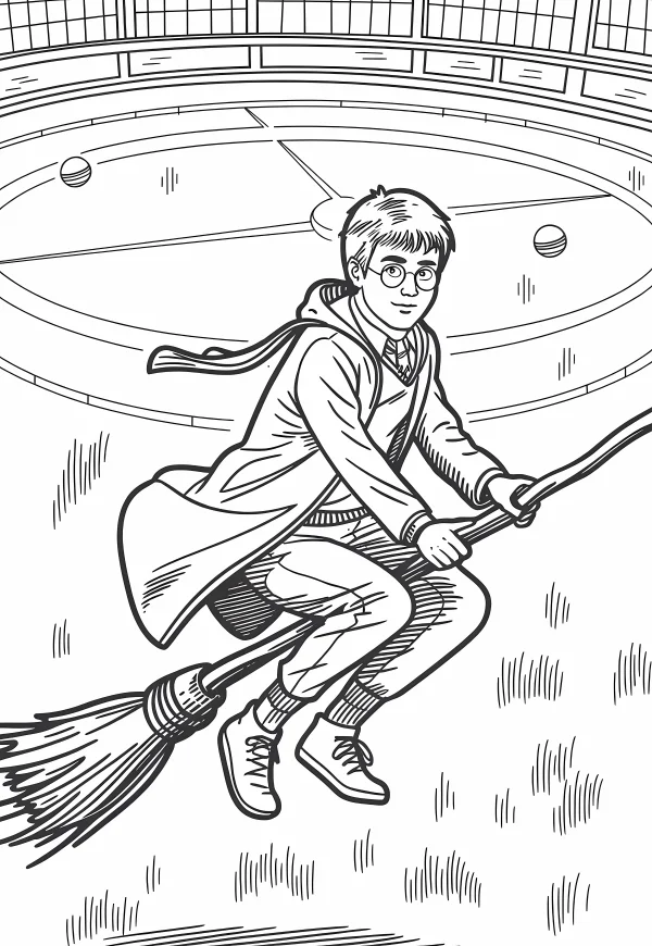 Harry potter riding a flying broomstick, cartoon and european american style — free printable campus coloring book page