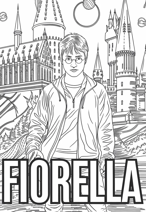 Harry potter (boy with glasses) standing in front of hogwarts castle, fantasy magic theme — free printable campus coloring book page