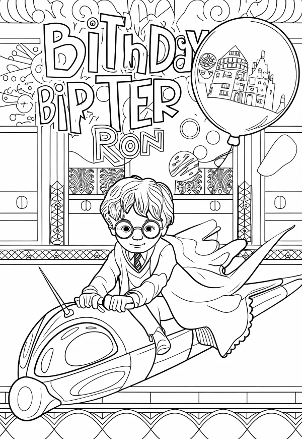 Harry potter riding a flying motorcycle, cartoon anime style — free printable birthday coloring book page