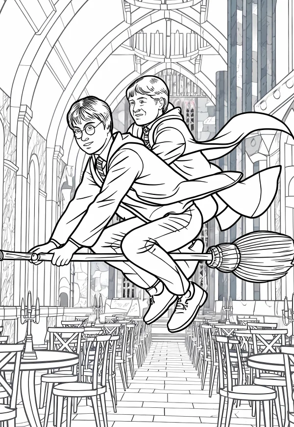 Coloring book page, harry potter and ron weasley riding a broomstick inside hogwarts great hall — free printable campus coloring book page