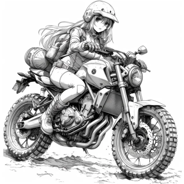 Anime biker girl with long hair riding an off-road motorcycle, anime sketch style — free printable anime characters coloring book page