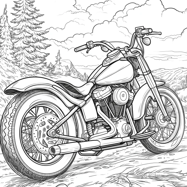Cruising motorcycle in outdoor mountain scenery with pine trees, realistic style — free printable cycling coloring book page