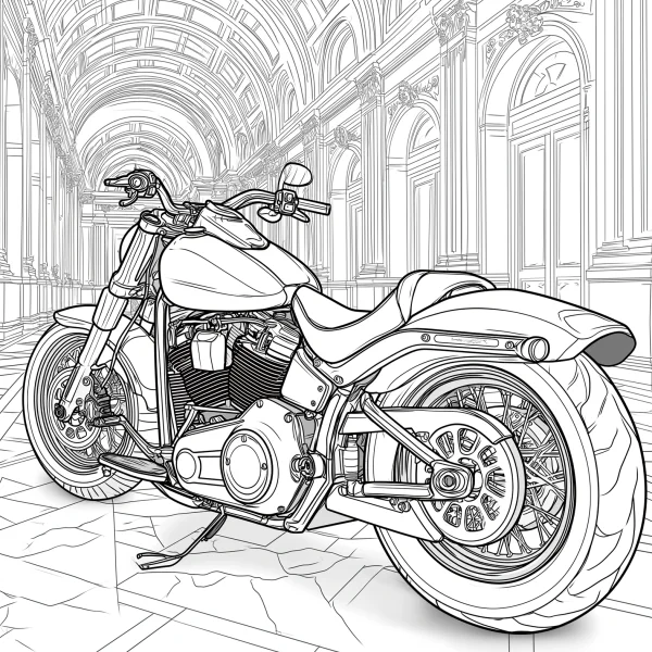 Vintage motorcycle, realistic line art — free printable cycling coloring book page