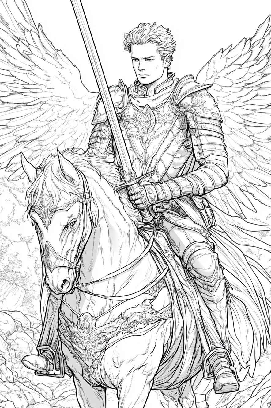 Winged angel knight riding a white horse, holding a long sword — realistic style — highly detailed — line art coloring page — for kids and adults of all ages