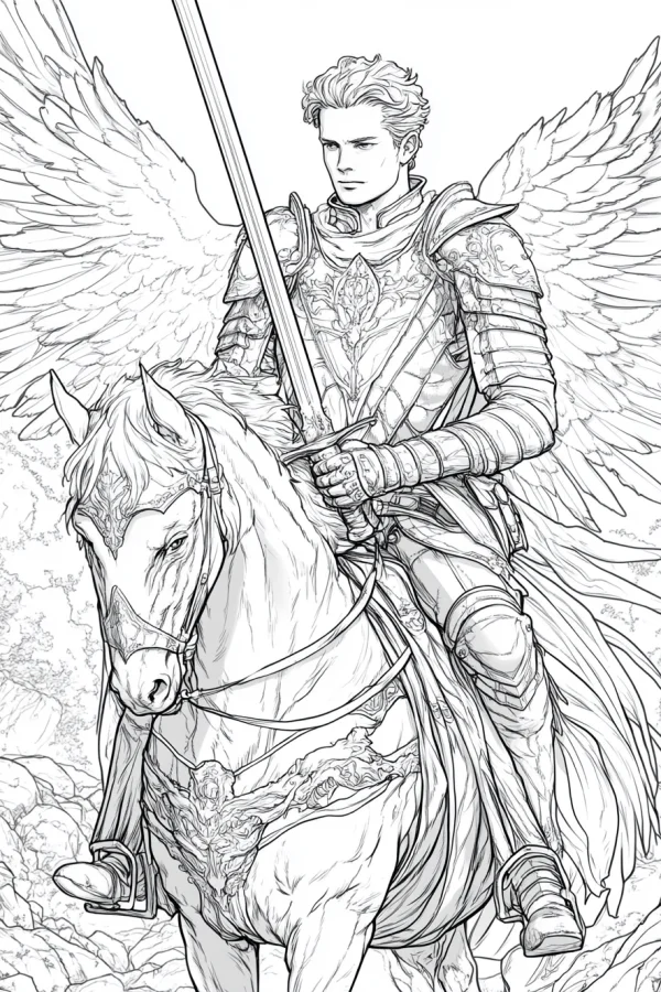 Winged angel knight riding a white horse, holding a long sword — free printable knight coloring book page