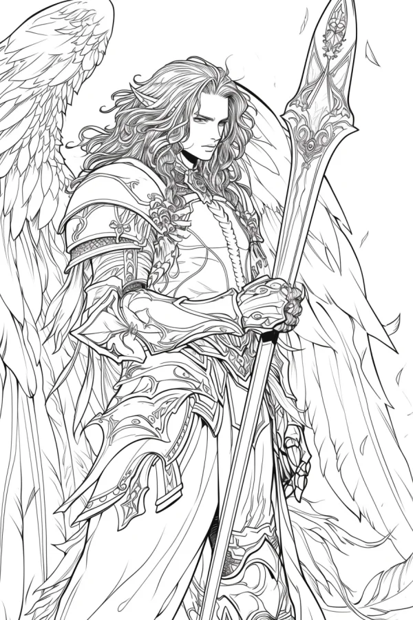 Armored angel warrior with large wings, european fantasy style — free printable warrior coloring book page