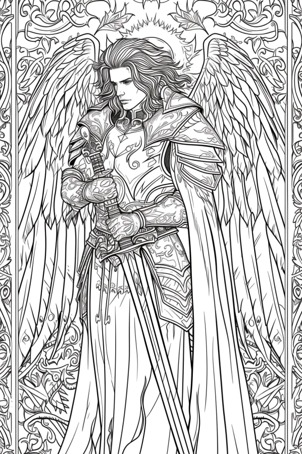 Angel knight with large wings, ornate decorative art style — free printable knight coloring book page