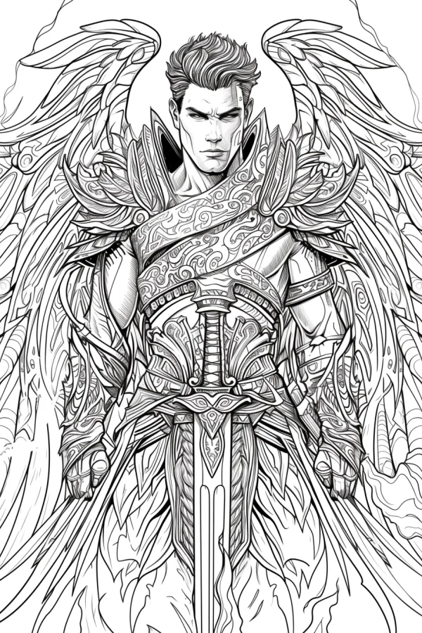 Armored angel warrior with large detailed wings, fantasy european style — free printable hero coloring book page