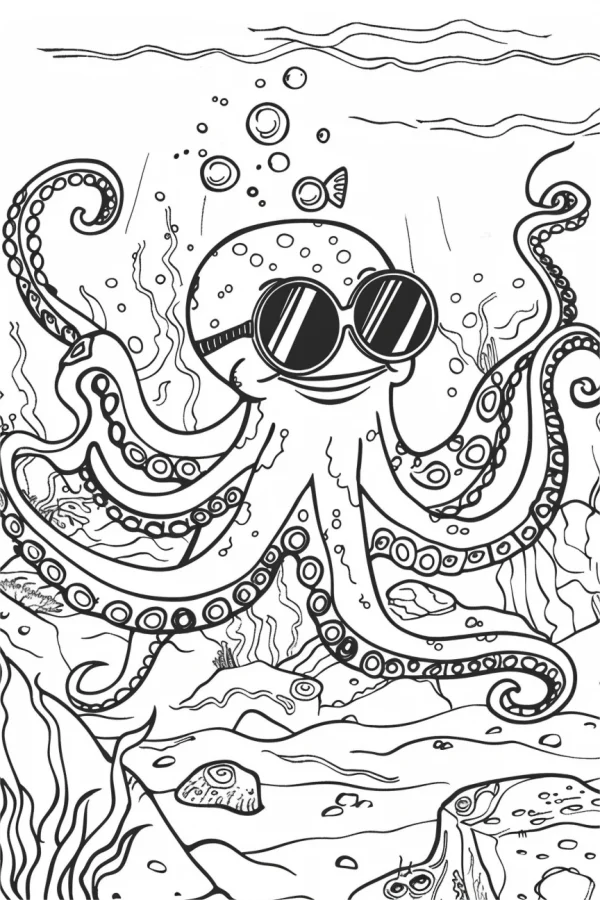 Cartoon octopus wearing sunglasses, under the sea scene — free printable childlike coloring book page