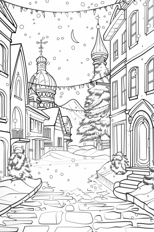 Snowy christmas town street with european-style houses, cartoon illustration — free printable town scene coloring book page
