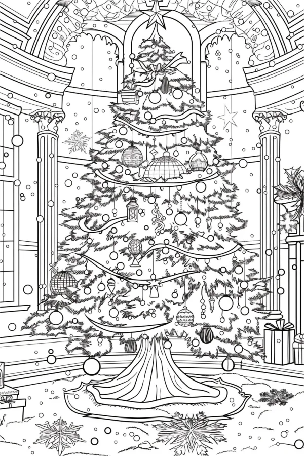 Elaborately decorated christmas tree in an indoor hall with roman columns and arched windows, cartoon style — free printable home coloring book page