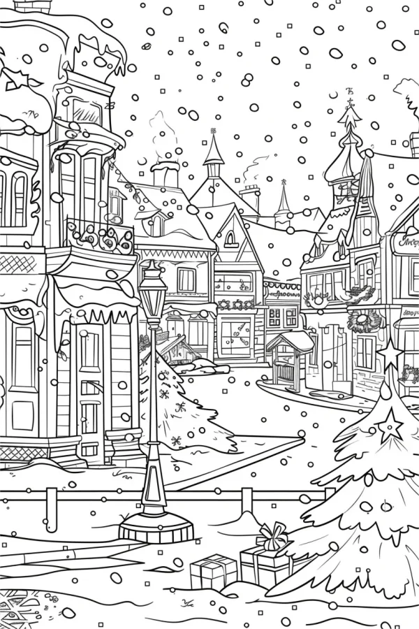 Christmas snowy town scene with european-style houses, cartoon illustration style — free printable small town life coloring book page