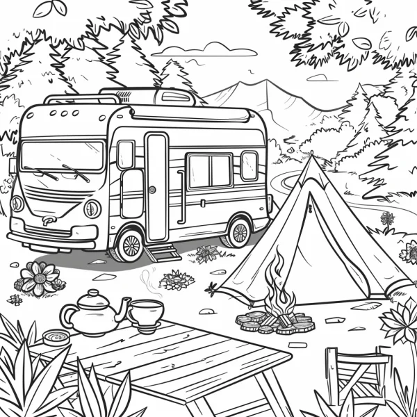 Camper van and tent in outdoor camping scene, cartoon line art style — free printable outdoor living coloring book page