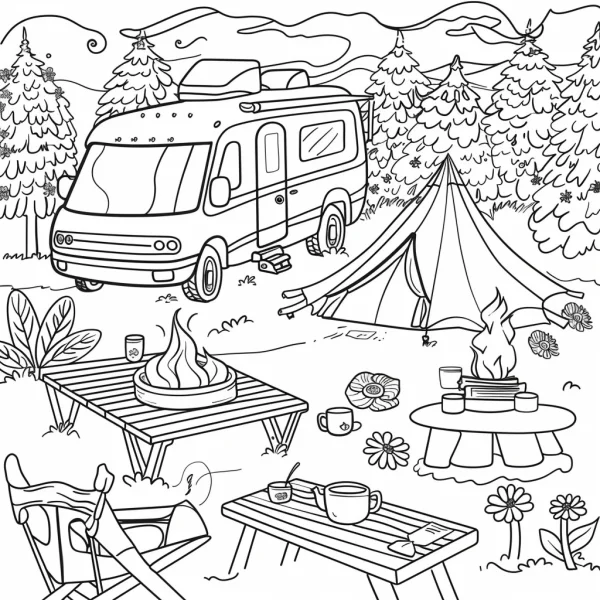 Forest camping scene with camper van and tent, cartoon style — free printable outdoor living coloring book page