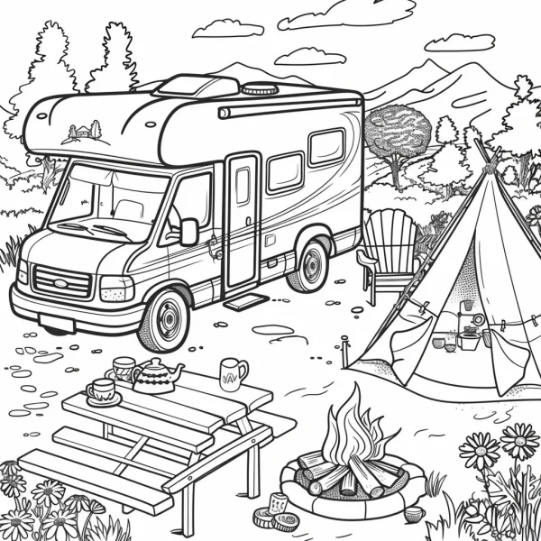 Rv camper and camping site, outdoor camping scene with tent — free printable outdoor living coloring book page