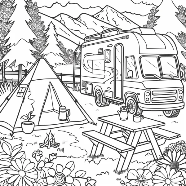 Camping scene with rv and tent, cartoon style — free printable outdoor living coloring book page
