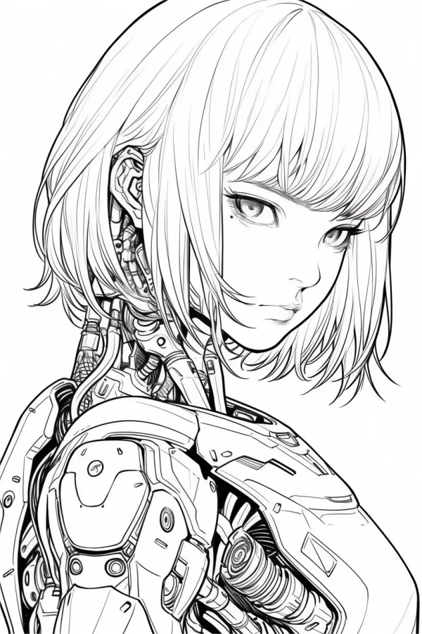 Cyberpunk cyborg girl with short bob hair, anime style — free printable cyberpunk coloring book page