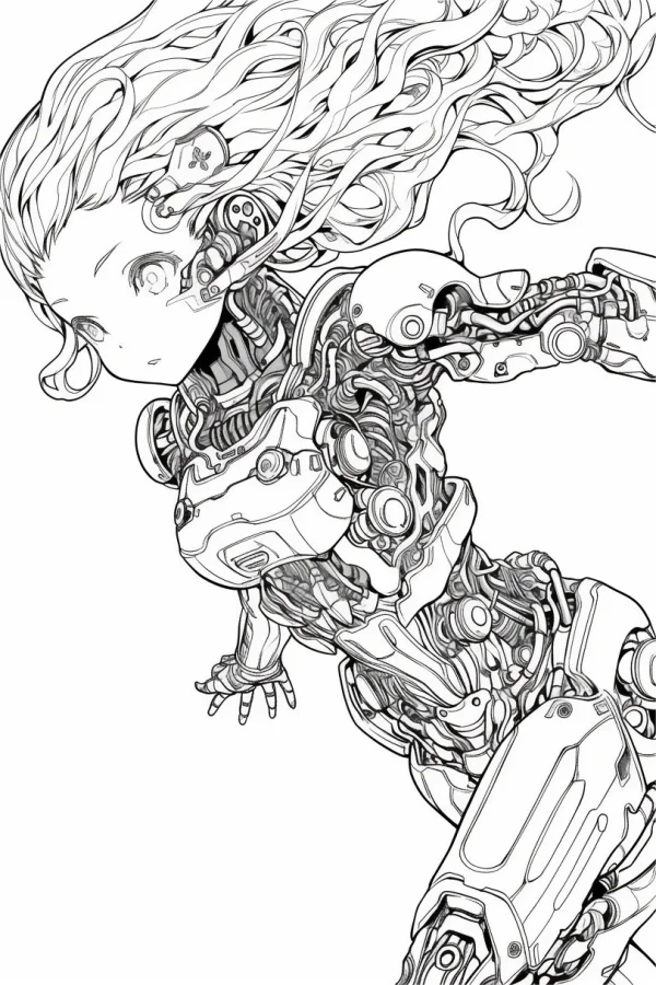 Coloring book page, cybernetic girl with curly flowing hair — free printable cyberpunk coloring book page